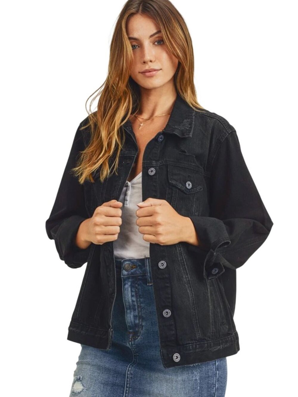 Risen Black Jean Denim Jacket Distressed Grunge Rips Tears Holes Sz 3XL Oversize
